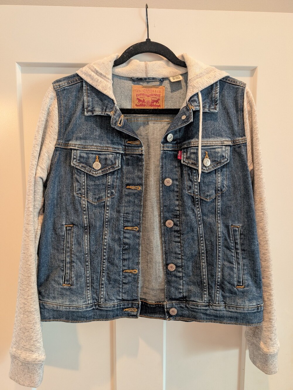 Levi's Blue Denim Jacket with Gray Hoodie Sleeves